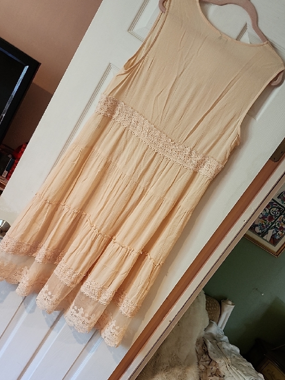 Cato Sleeveless Peach Lace-Trim Tiered Duster/Cover-Up - Picture 7 of 10